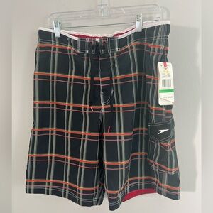 Speedo Mens Large Black Orange Plaid Swim Board Shorts 10" Inseam Mesh Lined NWT